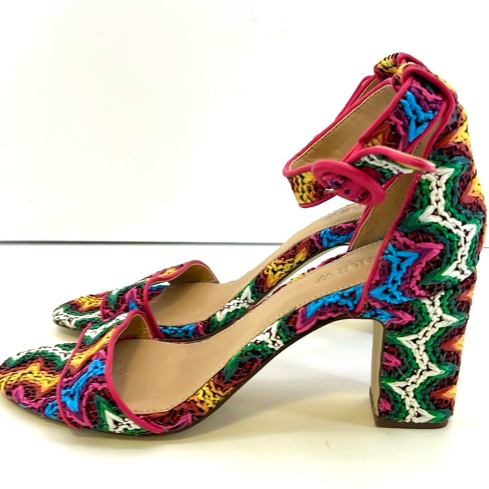 NWOT J. Crew Ankle Strap Zig Zag Raffia Azalea. 3” Chunky Heeled Sandals.